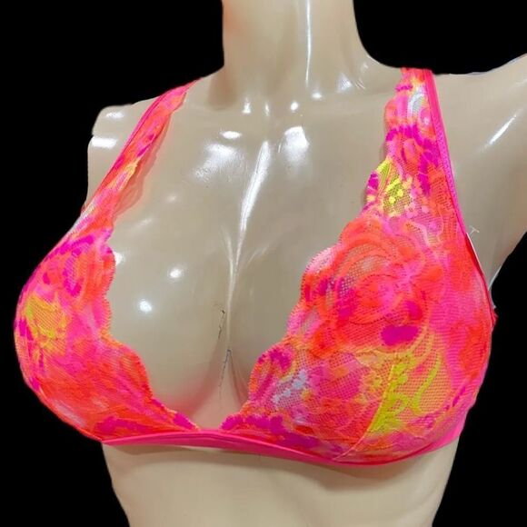 Victoria’s Secret Pink Unlined Plunge Lace Bralette Bra Coral Multicolor Small - Picture 3 of 8